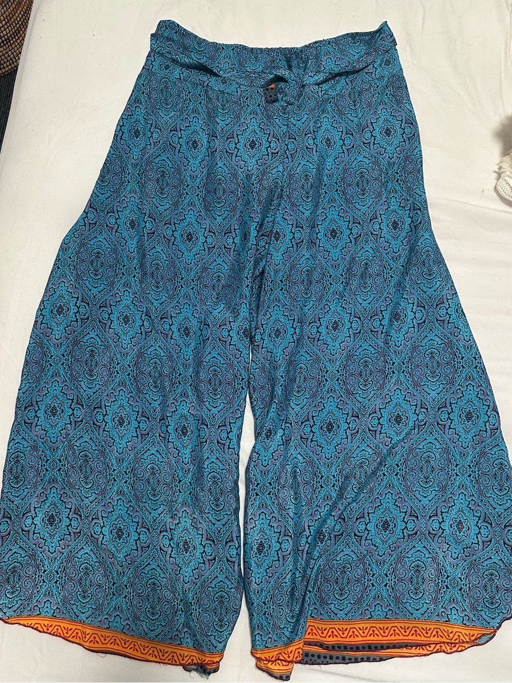 Silk Boho Wide-Leg Pants with Orange Trim